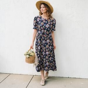 Vintage 80s Karin Stevens Womens Black Patchwork Floral Faux 2 Piece Dress Sz 16